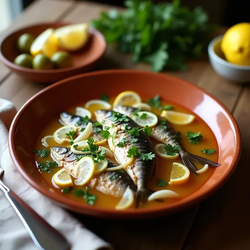 Plato de escabeche de sardinas fresco con rodajas de cebolla, ajos y perejil, bañado en vinagre de Jerez, servido en fuente de barro sobre mesa rústica.