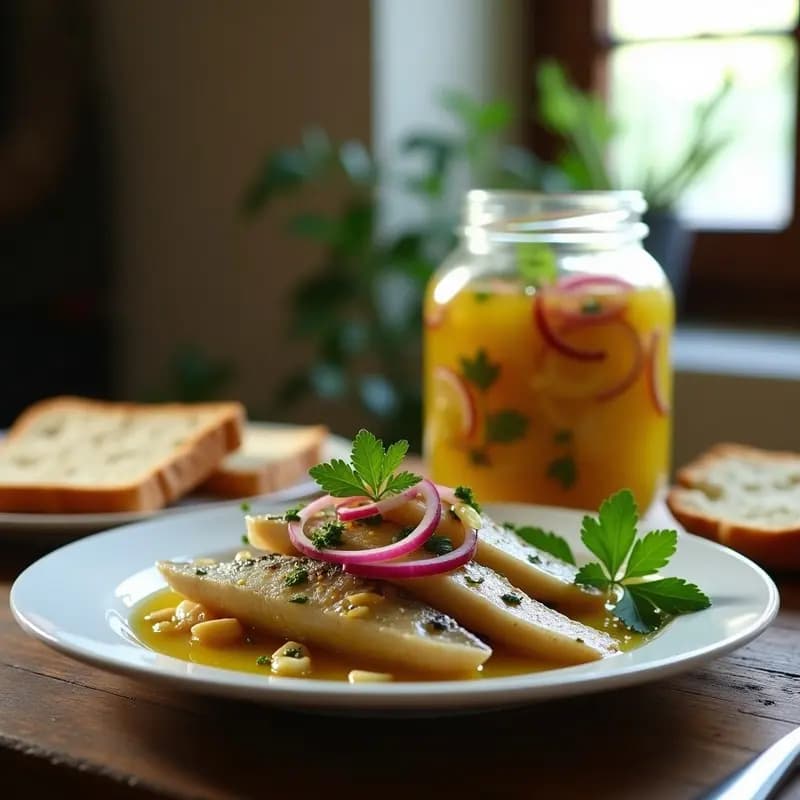 Tarro de cristal transparente lleno de trozos de sardinas en escabeche con vinagreta de limón, cebolla morada, ajo y perejil fresco. Plato rústico de madera al lado con rebanadas de pan tostado.