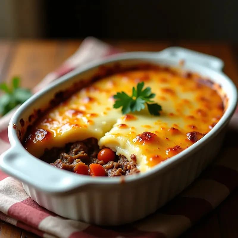 Molde rectangular de barro con escondidinho de carne seca y mandioca, mostrando capas doradas de puré de yuca y carne desmenuzada con queso gratinado. Acompañado de cilantro fresco y rodajas de limón, receta brasileña tradicional al horno.