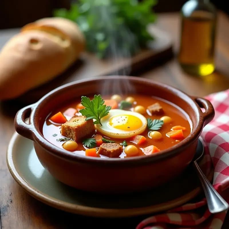 Cuenco hondo de barro con escudilla manchega humeante: sopa espesa de pan duro, garbanzos, verduras de huerto y huevos en hebras, coronada con perejil fresco.