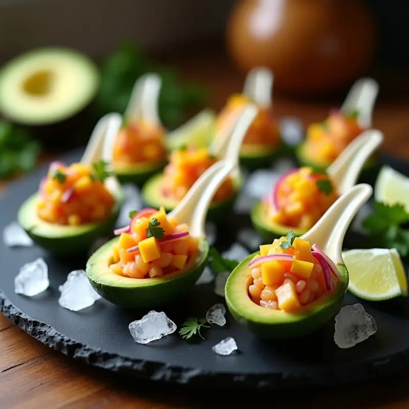 Esferas de aguacate rellenas de ceviche de mango y langostino servidas en cucharas de plástico transparente sobre una bandeja con hielo picado y rodajas de limón verde, aperitivo peruano en cuchara, receta viral para redes sociales.