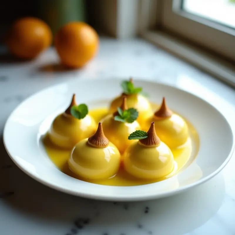 Plato blanco elegante con seis esferas de crema de maracuyá amarilla brillante cubiertas de merengue suave y ligeramente dorado, decoradas con hojas de menta. Postre francés sin gluten con textura sedosa y acabado profesional.