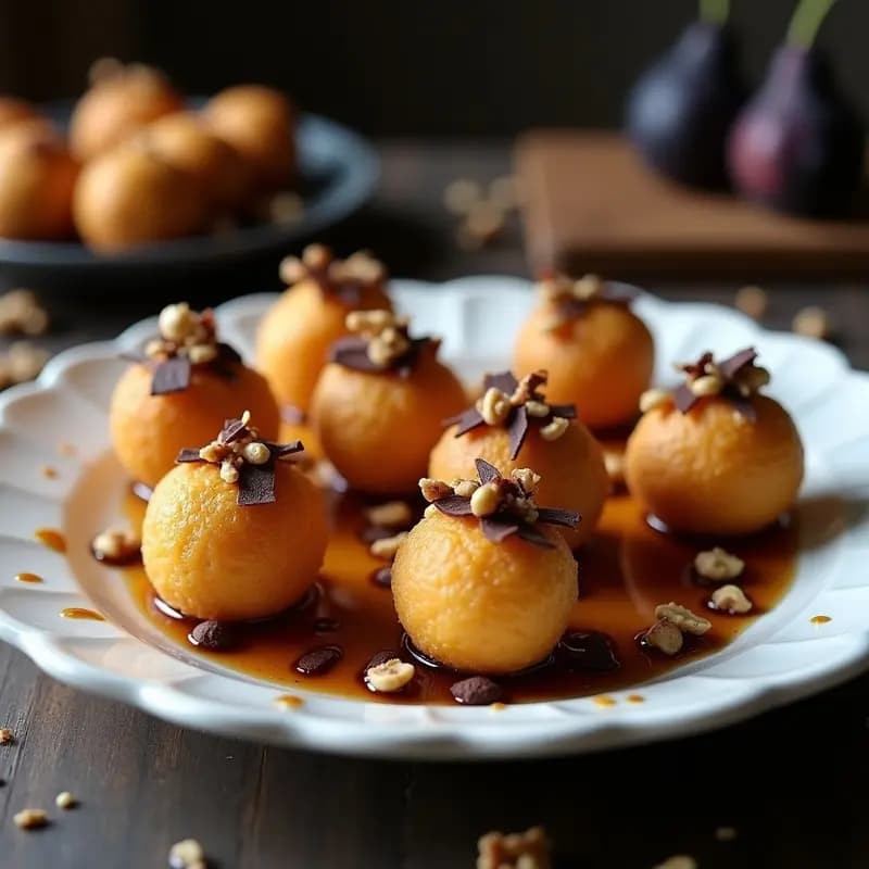 Plato blanco de porcelana con esferas doradas y crujientes de queso brie rellenas de higos, bañadas en reducción brillante de vinagre balsámico. Decoración con trozos de higo fresco, nueces picadas y virutas de chocolate negro. Aperitivo francés gourmet con fondo oscuro y luz suave.