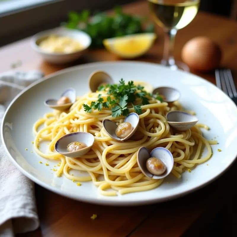 Plato hondo blanco con espaguetis integrales bañados en salsa blanca cremosa, almejas abiertas en sus conchas, perejil fresco picado y ralladura de limón. Receta italiana de espaguetis con almejas y ajo en salsa blanca.