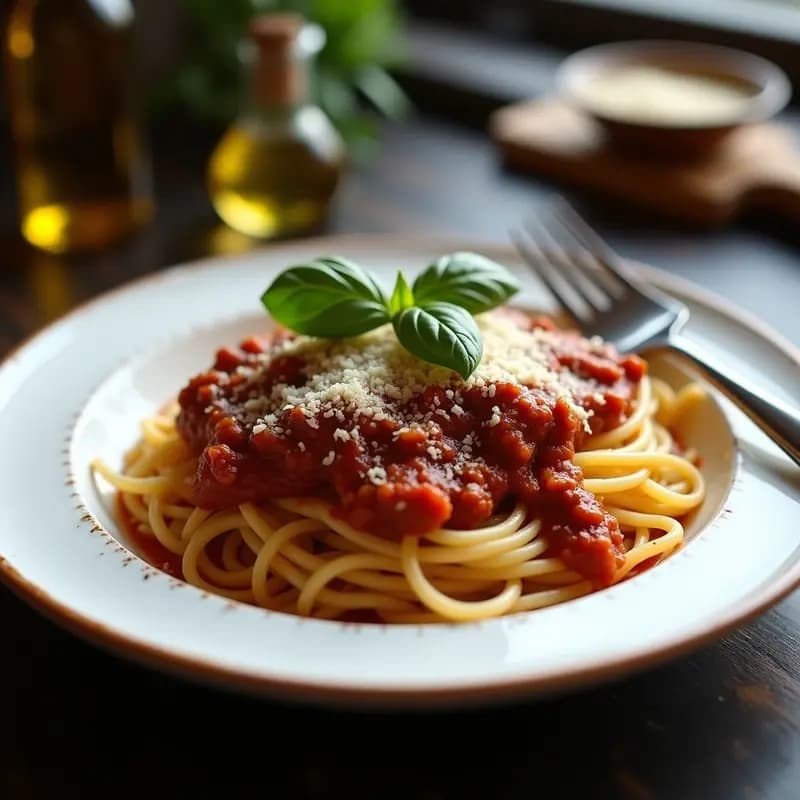 Plato hondo de cerámica blanca con espaguetis a la boloñesa cubiertos de salsa espesa de carne, zanahoria y tomate, espolvoreados con queso parmesano rallado. Fondos borrosos de una copa de vino tinto y hierbas frescas como decoración.