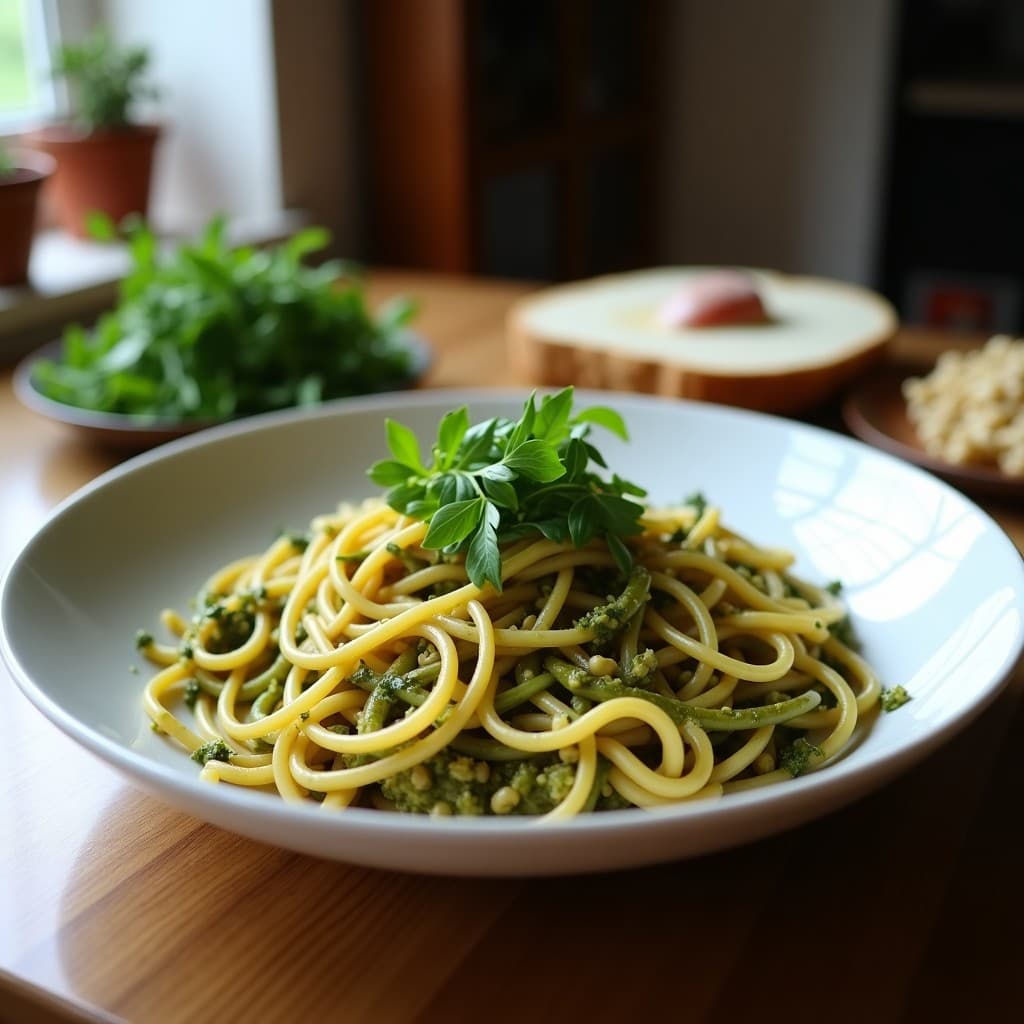 Plato italiano con espaguetis de lentejas rojas bañados en un vibrante pesto verde de rúcula y nueces, decorado con trocitos de nuez y virutas de queso pecorino sobre fondo rústico de madera oscura, receta olla express alta en proteína.