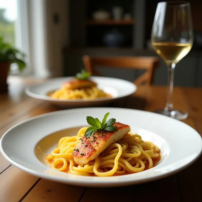 Plato hondo blanco con espaguetis al limone y anchoas, bañados en una salsa cremosa de color amarillo pálido con trocitos de anchoas, ralladura de limón y perejil fresco. Queso pecorino espolvoreado y una rodaja de limón al lado. fondo rústico de madera oscura.