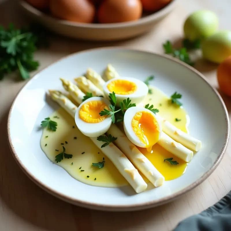 Plato blanco alargado con espárragos blancos en conserva dispuestos en abanico, acompañados de huevos duros cortados por la mitad y bañados en una vinagreta dorada de aceite, vinagre de Jerez, ajo y perejil. Decorado con perejil fresco picado y un toque rústico de pimienta negra.