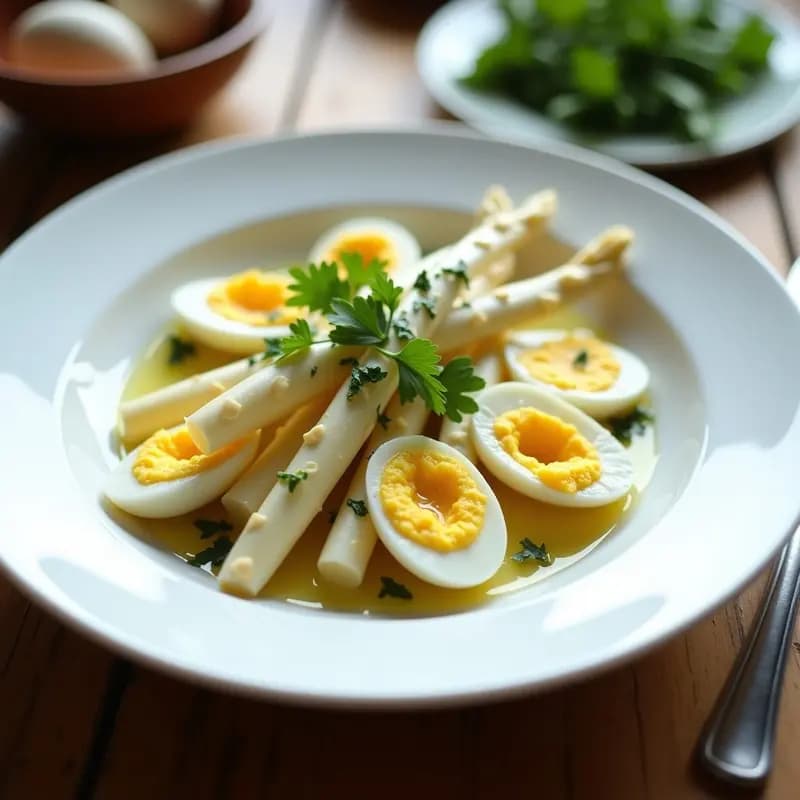 Plato blanco elegante con espárragos blancos en conserva dispuestos en abanico, huevo duro en cuartos, bañados con vinagreta dorada y decorados con perejil fresco picado y cebollino. Receta navarra de primavera ligera.
