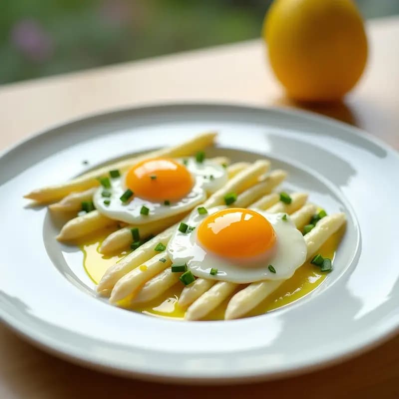 Plato blanco elegante con espárragos blancs dispuestos en abanico, bañados en una vinagreta de limón brillante, coronados con yemas de huevo amarillas intensas y decorados con cebollino picado.