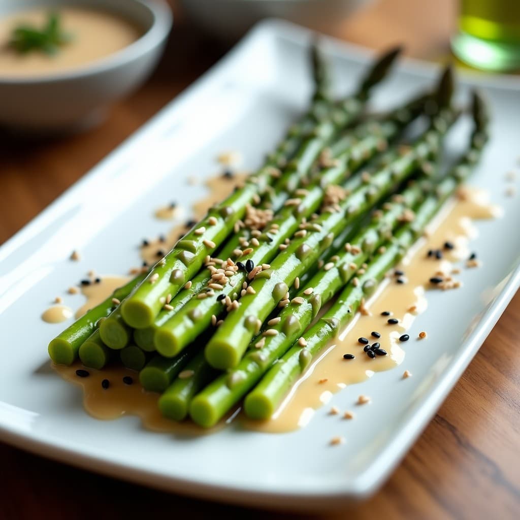 Plato blanco alargado con espárragos trigueros blanqueados dispuestos en abanico, bañados en una vinagreta brillante de miso y sésamo, espolvoreados con semillas de sésamo negro y blanco, cebollino picado y ralladura de limón. Fondos borrosos con tonos verdes y blancos para resaltar la frescura del entrante japonés vegano.