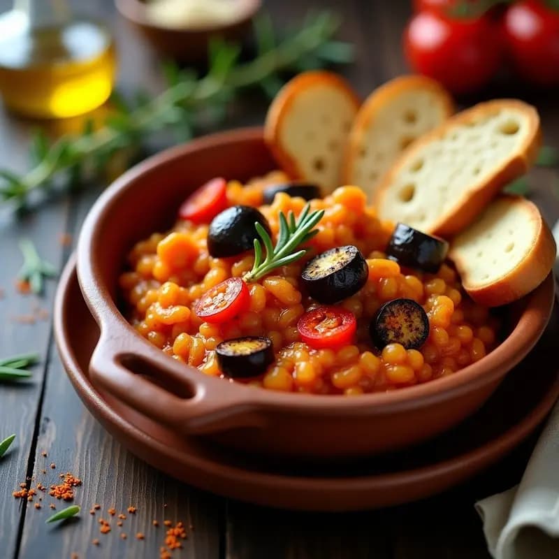 Plato de barro rústico con Espencat Catalán de berenjena y pimiento asado, textura jugosa y color dorado, acompañado de rebanadas de pan de payés tostado, sobre fondo de madera con hierbas frescas.