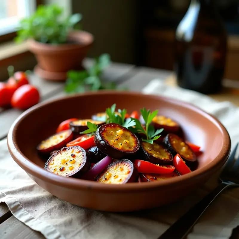 Plato hondo de barro con espencat catalán: berenjenas asadas en rodajas, tiras de pimientos rojos y verdes, cebolla morada y perejil picado. Receta de verano sin aceite exceso.