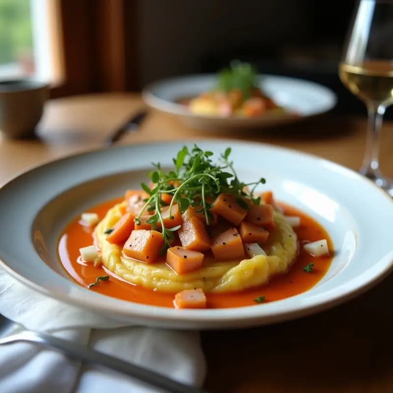 Plato rústico de barro con Espencat Catalán: verduras asadas (pimientos rojos, berenjena y cebolla) mezcladas con filetes de anchoas y perejil fresco, servido como entrante tradicional.