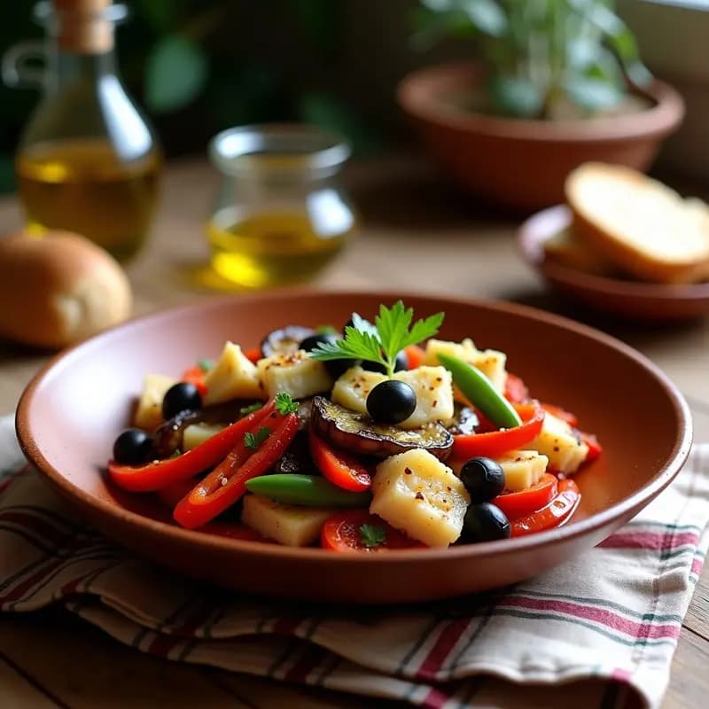 Plato hondo de barro con espencat catalán: ensalada de pimientos rojos y verdes asados, berenjenas asadas en trozos, bacalao desmenuzado y aceitunas negras, aliñado con aceite de oliva y perejil fresco.