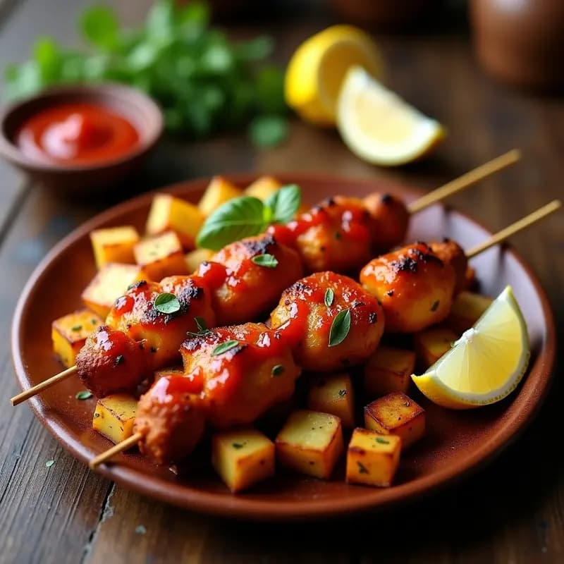 Brochetas de pollo dorado marinado en salsa piri-piri rojiza, servidas sobre patatas asadas crujientes en un plato de barro rústico. Receta portuguesa en airfryer con toques cítricos y picantes.