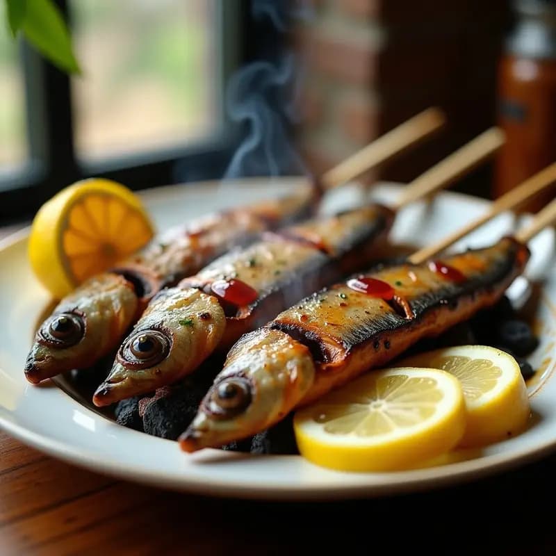 Espetas de sardinas asadas con limón sobre brasas, dispuestas en cañas de bambú, con rodajas de limón fresco y un fondo de playa malagueña al atardecer.