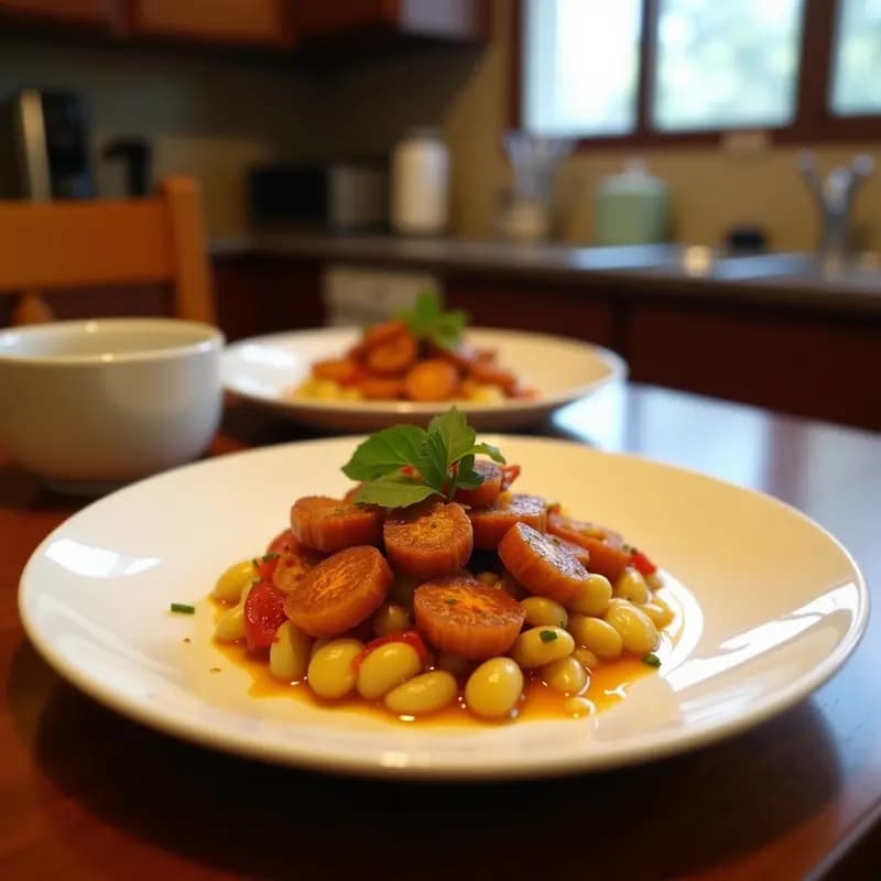 Sartén de hierro con espinacas a la catalanana, pasas doradas y piñones tostados, servidas sobre un plato de barro rústico. Fondo borroso de cocina tradicional con luz cálida.
