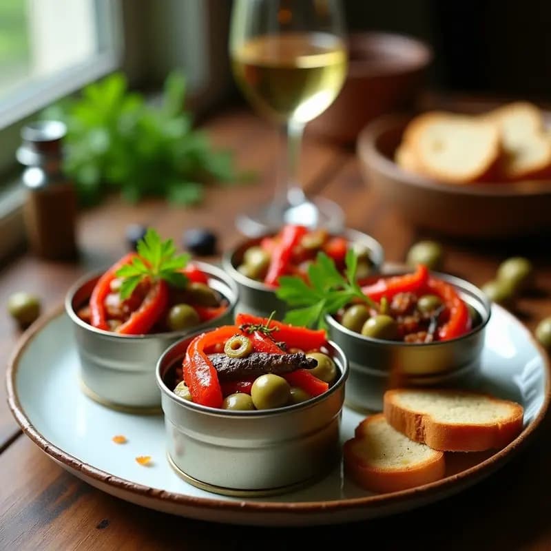 Latas pequeñas de conservas rellenas de espinaler de sardinas con pimientos asados del piquillo, cebolla morada y aceitunas verdes, decorado con perejil fresco sobre pan integral tostado. Aperitivo español tradicional servido en estilo gourmet.