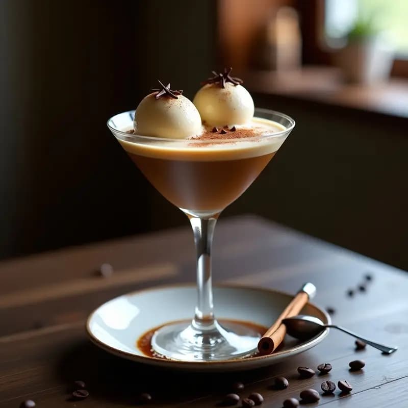 Copa de martini elegante con Espresso Martini con Helado de Vainilla, espuma cremosa en la superficie, decorada con virutas de chocolate negro y un toque de canela. Fondo oscuro con velas y granos de café esparcidos.