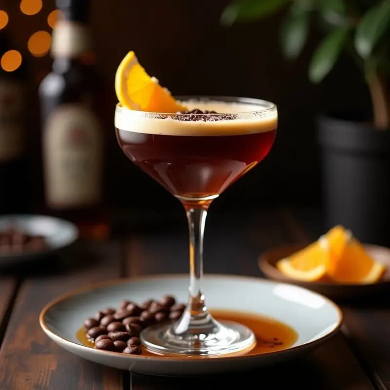 Copa de martini transparente con Espresso Martini: líquido oscuro y sedoso con reflejos dorados, decorado con granos de café tostados y cáscara de naranja rallada sobre una mesa de madera oscura. Receta de bebida italiana sin azúcar con sirope de arce y licor de café.