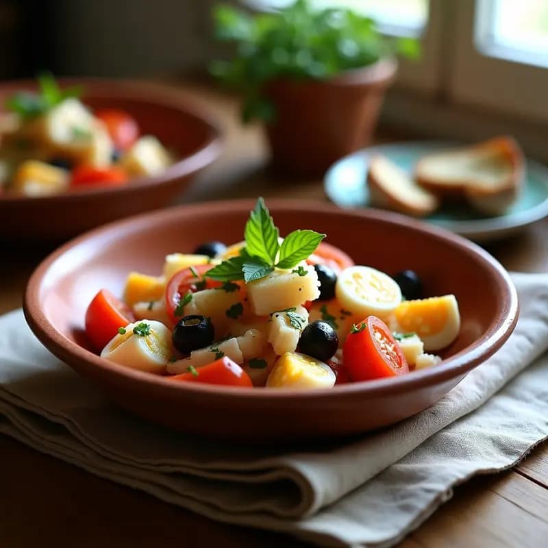 Ensalada catalana esqueixada de bacalao desmenuzado con tomate en cubos, pimiento verde en tiras, cebolla morada, huevo duro y aceitunas negras, aliñada con aceite de oliva y perejil fresco en un bol de barro rústico sobre una mesa de madera.