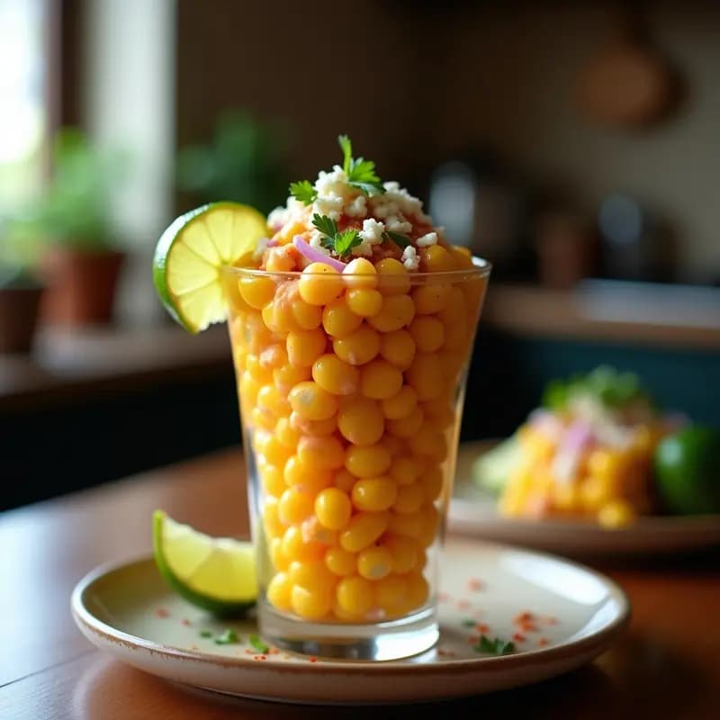 Vaso transparente lleno de esquites amarillos bañados en mayonesa cremosa de chipotle, espolvoreados con queso cotija blanco desmenuzado, cebolla morada y cilantro fresco. Fondo rústico con limones y especias al lado.