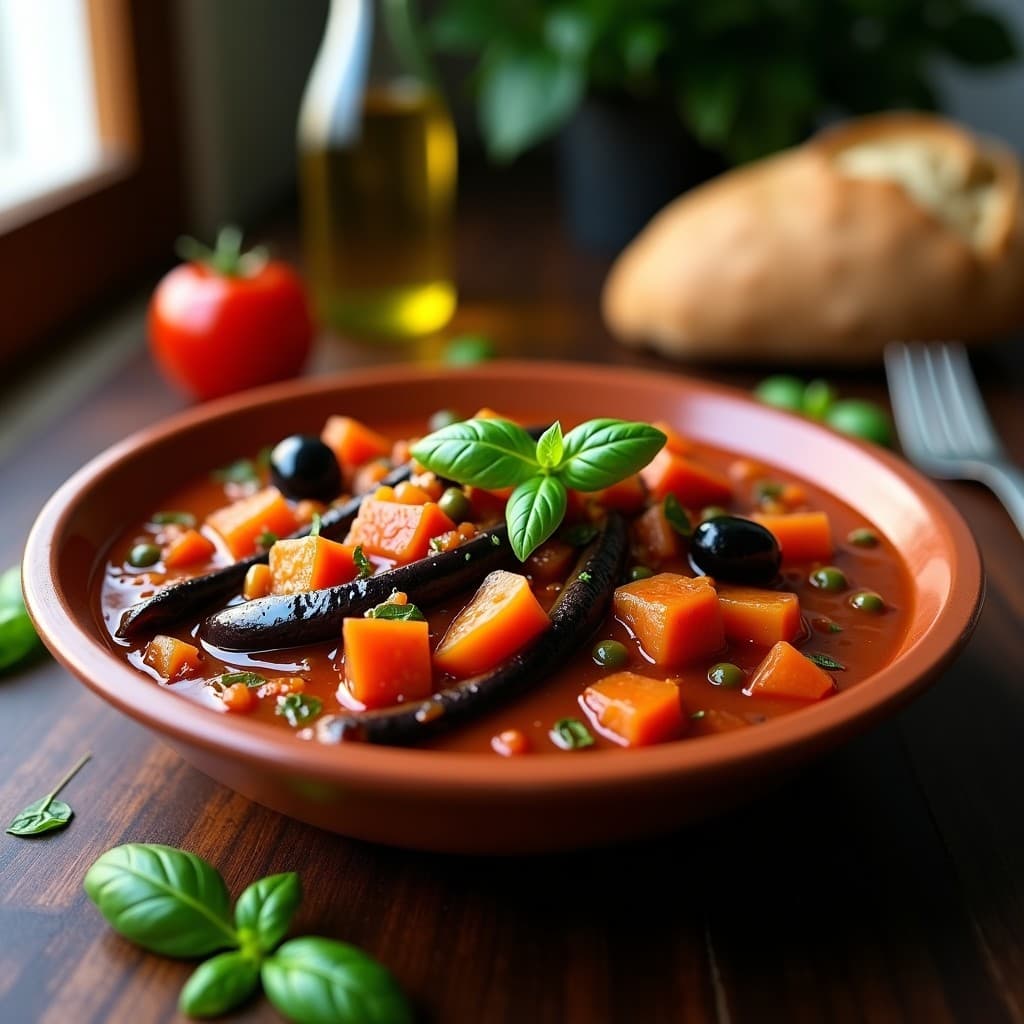 Estofado italiano de berenjenas y tomates con albahaca fresca en olla lenta, servido en plato hondo de barro con aceitunas negras y alcaparras, decorado con hojas de albahaca fresca.