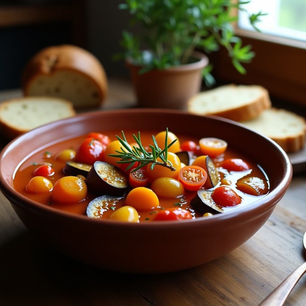 Plato hondo de barro con estofado vegano de berenjenas y tomates en salsa espesa, aromatizado con hierbas provenzales. Berenjenas en cubos dorados, trozos de tomate y hierbas frescas esparcidas por encima. Fondo rústico con pan integral y una cuchara de madera.