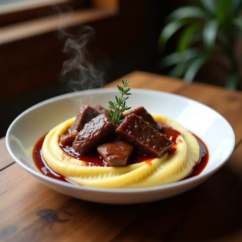 Plato hondo de porcelana blanca con expessedo de carne francesa en salsa oscura y espesa, servido sobre puré de patata cremoso y brillante, decorado con una rama de tomillo fresco. Fondos borrosos de una cocina rústica con luz cálida.