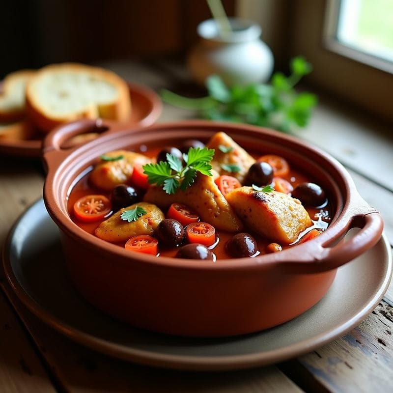 Estofado griego de conejo en cazuela de barro, con trozos tiernos de carne bañados en salsa espesa de tomate, aceitunas Kalamata enteras y tiras de tomate seco. Acompañado de pan rústico y perejil fresco espolvoreado.