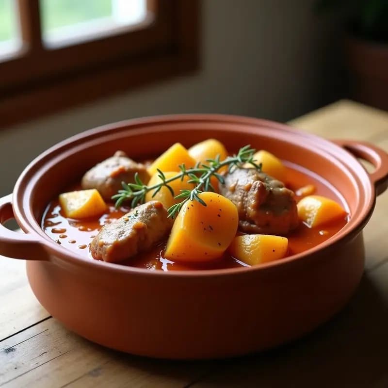 Estofado de conejo con patatas y tomate en olla lenta, servido en cazuela de barro con trozos de carne tierna, patatas doradas y salsa espesa de tomate, decorado con ramitas de tomillo fresco.
