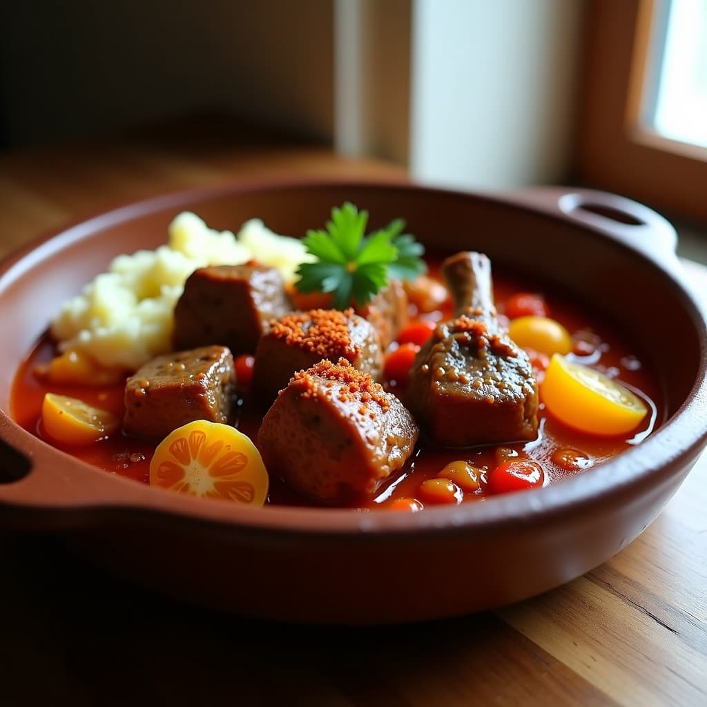 Plato hondo de barro con Tikovari, estofado de cordero en airfryer con especias húngaras y tomate seco, rodeado de pimienta roja asada y hierbas frescas, sobre un mantel rústico de lino.