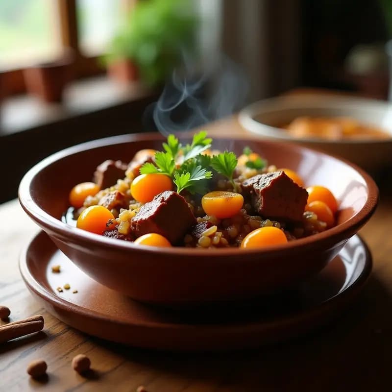 Estofado de cordero con albaricoques en bol de barro, especias visibles y cilantro fresco, receta en airfryer.