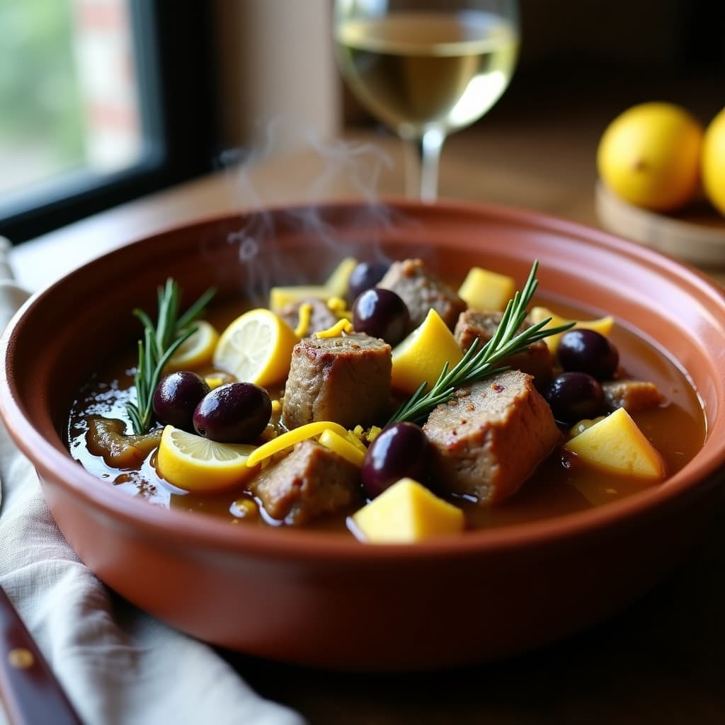 Estofado italiano de cordero con alcachofas y aceitunas Taggiasche en olla lenta, servido en plato hondo de barro con almendras tostadas y hierbas frescas.