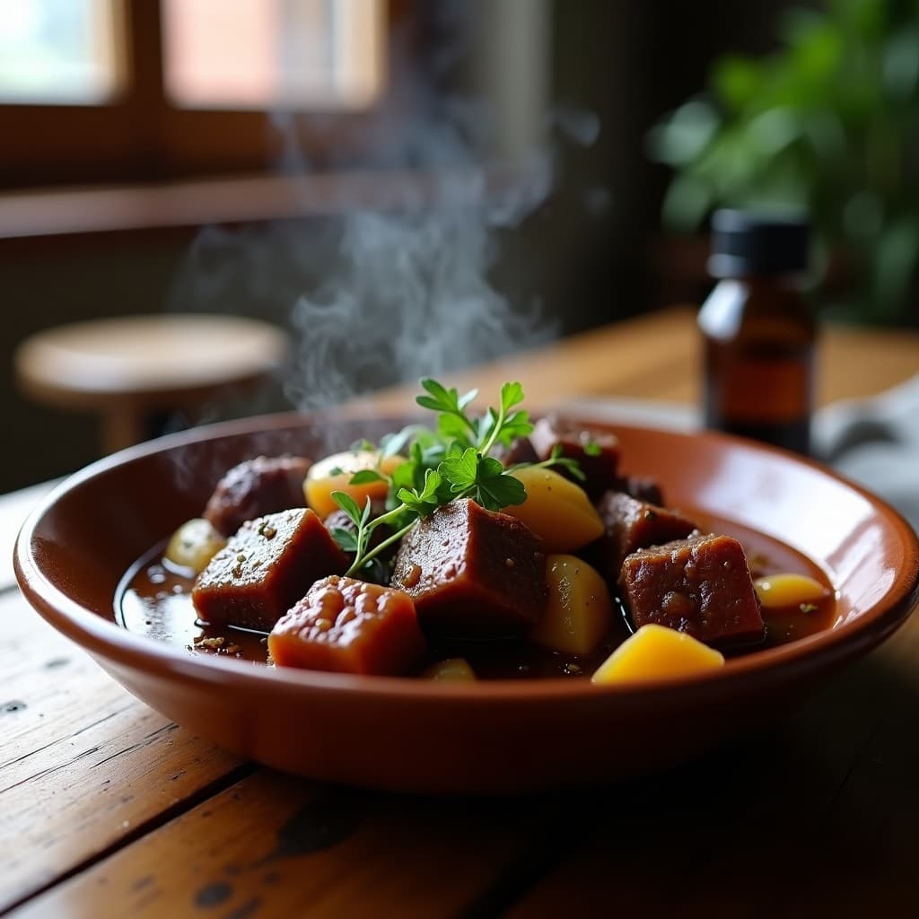 Estofado irlandés de cordero con berros y patatas moradas en un bol de barro, humeante y con un color vibrante gracias a las patatas moradas y los berros frescos.