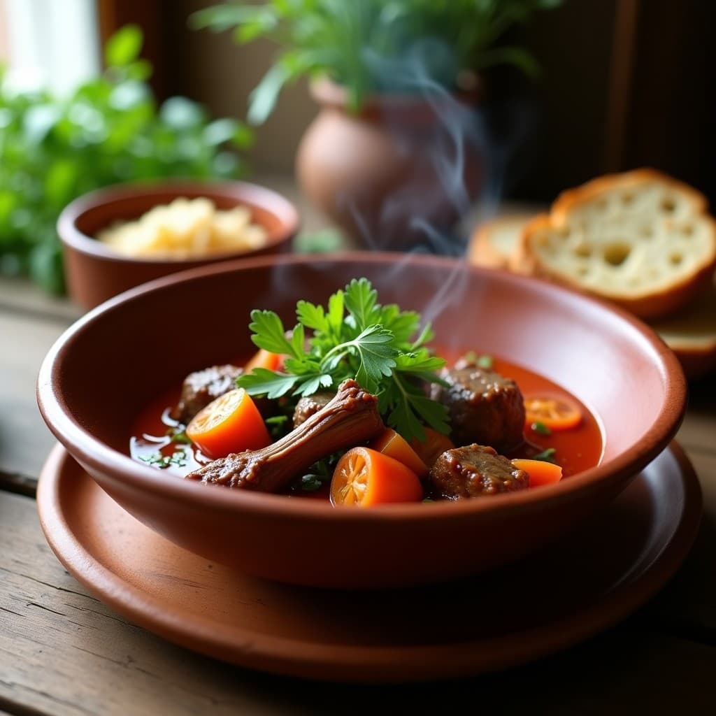 Plato hondo de barro con estofado de cordero y berros bañado en salsa romesco, acompañado de pan rústico y decorado con hojas de berros frescos. Receta tradicional española en olla lenta.