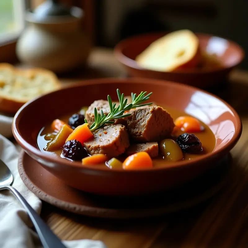 Estofado griego de cordero con ciruelas pasas y canela en rama servido en un plato hondo de barro, con trozos de carne dorada y salsa espesa. Acompañado de pan rústico y decorado con hojas de laurel.