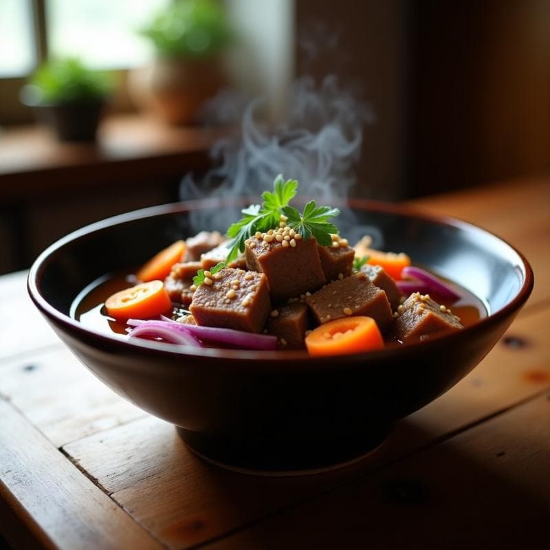Estofado de cordero con ciruelas umeboshi en olla rápida, plato hondo de cerámica oscura con trozos tiernos de cordero, zanahoria, cebolla morada y ciruelas umeboshi, decorado con perejil fresco y semillas de sésamo, sobre fondo rústico de madera.