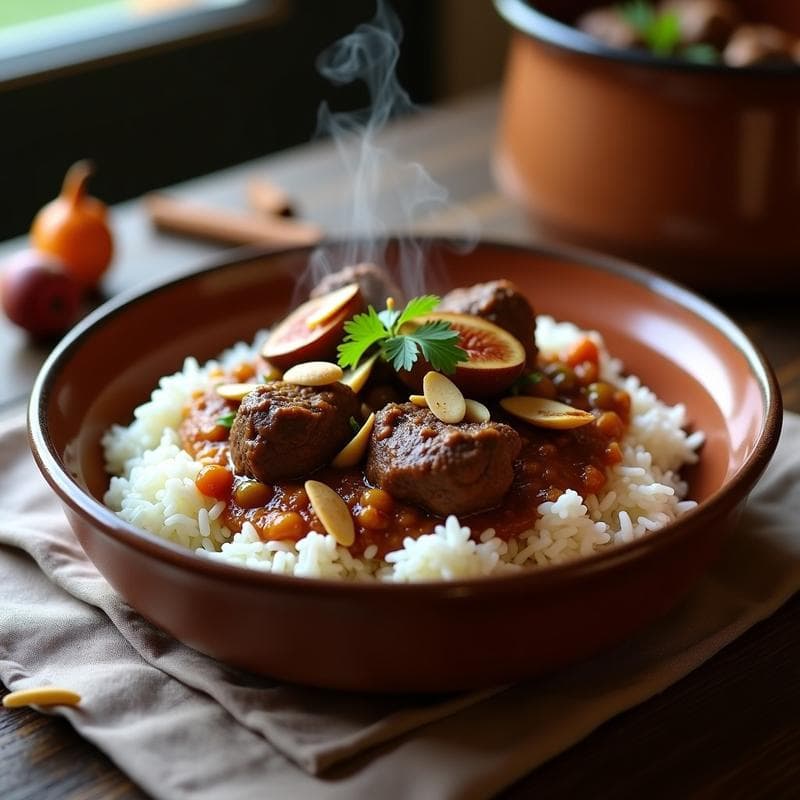 Plato hondo de barro con estofado de cordero y higos con arroz basmati, servido sobre una cama de arroz blanco esponjoso. Trozos tiernos de cordero, higos dorados enteros y almendras fileteadas tostadas como decoración. Fondos de especias como canela y cardamomo visibles en la salsa espesa. Estilo rústico y reconfortante, típico de la cocina iraní.
