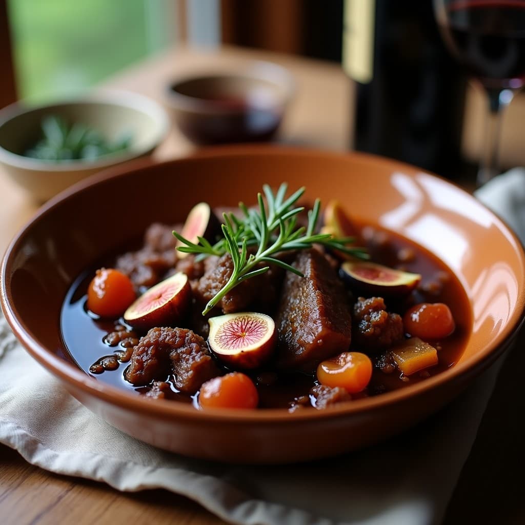 Estofado italiano de cordero en olla lenta con trozos tiernos de carne, higos secos dorados y salsa espesa de vinagre de módena, servido en plato hondo de barro con romero fresco como decoración.