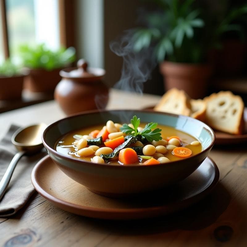 Estofado vegano de frijoles blancos y algas kombu en olla lenta, servido en cuenco hondo de barro con caldo de miso espeso, verduras tiernas y perejil fresco. Plato reconfortante y lleno de umami.