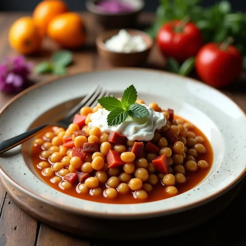 Plato hondo de barro con estofado de garbanzos y algodón de azúcar morado, receta peruana en olla lenta. Los garbanzos dorados y cremosos flotan en un caldo violáceo, con hebras de algodón de azúcar morado visible. Decorado con cilantro fresco y un chorrito de aceite de oliva, sobre fondo rústico de madera.