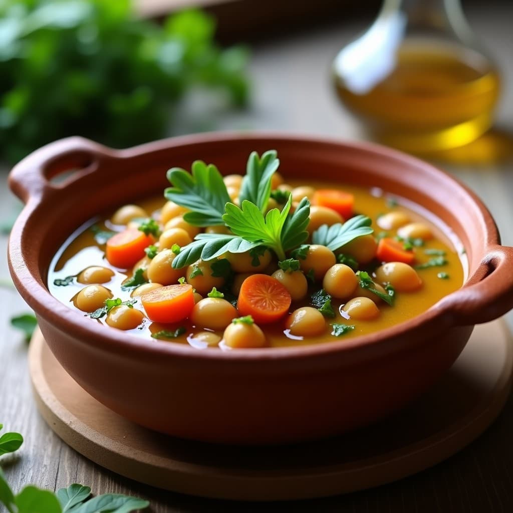 Estofado andaluz de garbanzos y berros en olla lenta, servido en cuenco de barro con hojas de berros frescas como decoración y un hilo de aceite de oliva virgen extra.