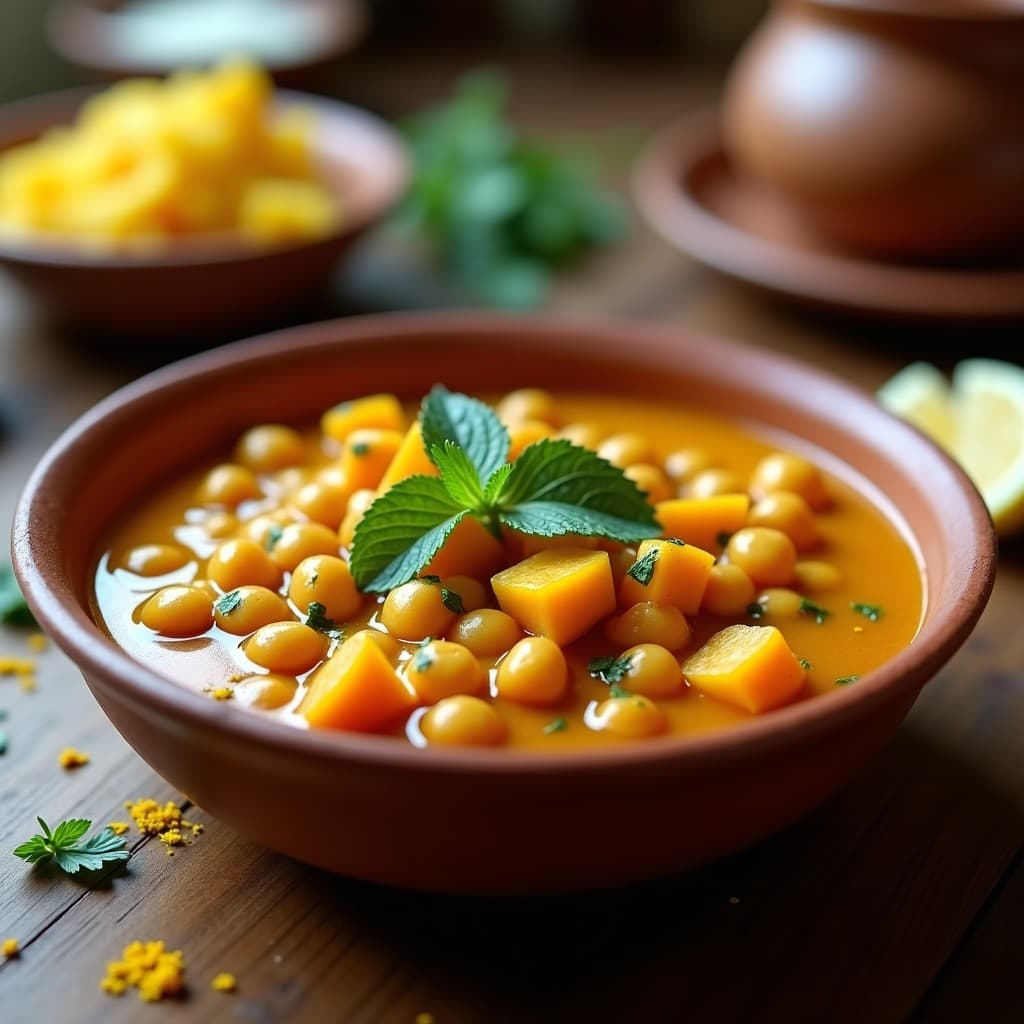 Estofado andino de garbanzos y calabaza en olla lenta, con trozos dorados de calabaza butternut, garbanzos tiernos y un vibrante color amarillo del ají, decorado con cilantro fresco y hierbabuena sobre un plato de barro rústico.