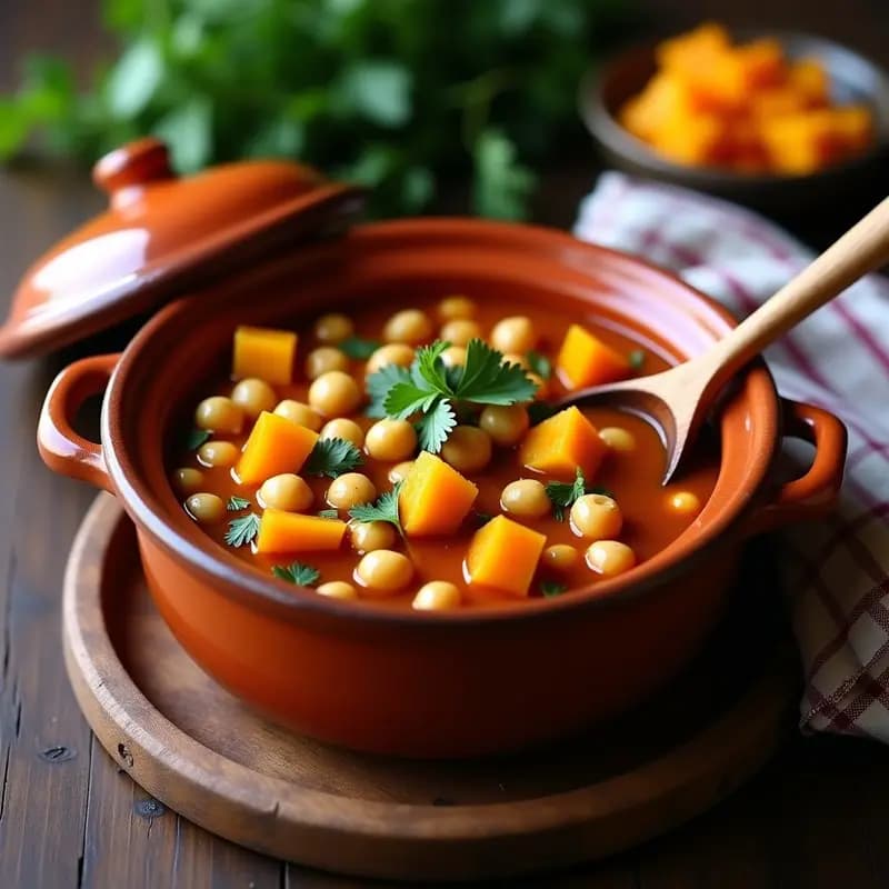 Olla de barro humeante con estofado espeso de garbanzos y cubos dorados de calabaza, espolvoreado con perejil fresco. Plato tradicional andaluz reconfortante.