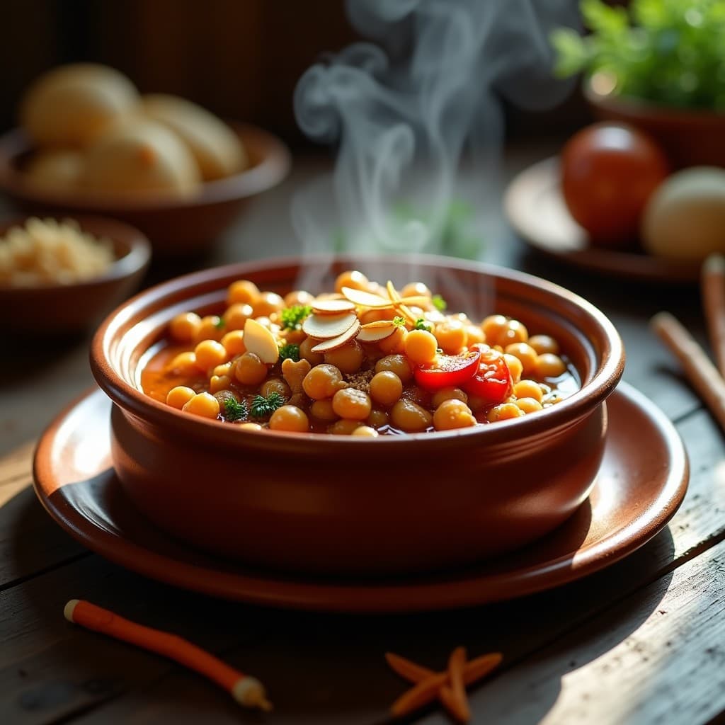 Olla de barro rústica con estofado humeante de garbanzos dorados y espárragos trasgos verdes, decorado con almendras laminadas tostadas y hebras de azafrán. Plato tradicional andaluz con fondo de mesa de madera oscura.