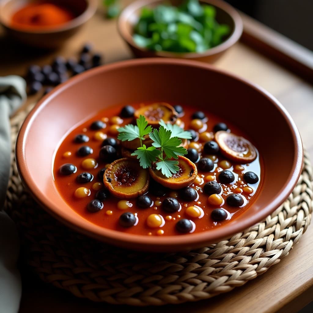 Estofado espeso de garbanzos negros en olla de barro, con láminas de setas shiitake y un toque de pimentón de la Vera espolvoreado. Acompañado de perejil fresco y servido en plato rústico de cerámica oscura.