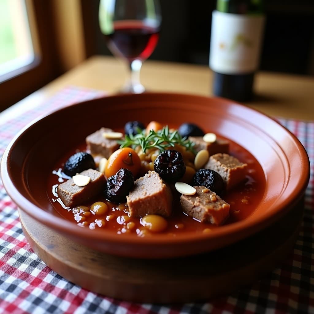 Estofado de garnacha con ciruelas pasas servido en plato hondo de barro, con trozos de carne de cordero tierna, ciruelas pasas oscuras y almendras laminadas. Fondos de salsa espesa y aromática, típico de la cocina tradicional de La Rioja.