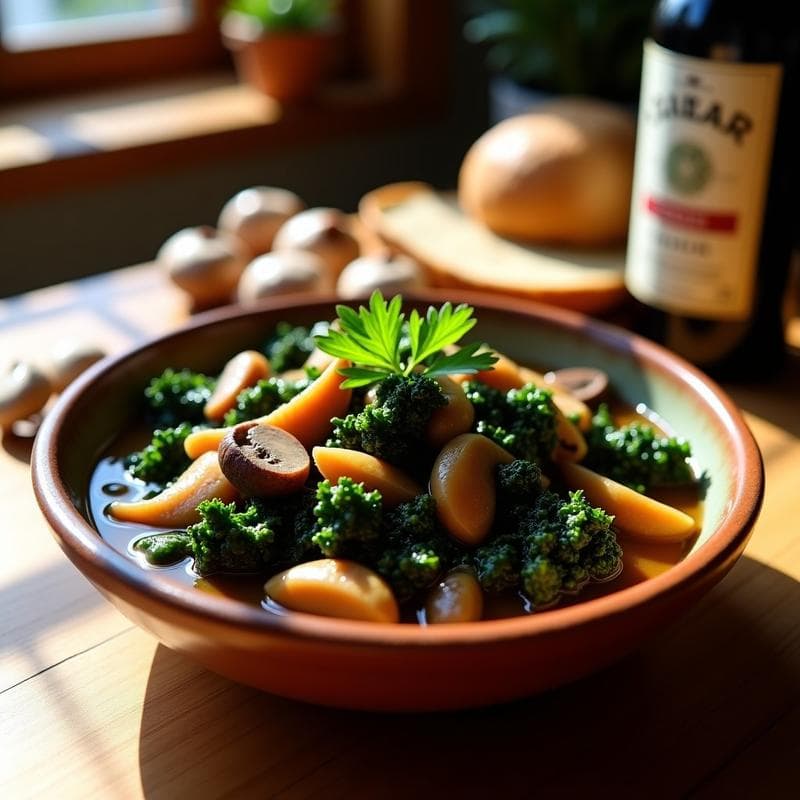 Estofado espeso de hongos maitake y col rizada en salsa de sidra, servido en un cuenco de barro con un toque de perejil fresco. Receta vegana en Thermomix.